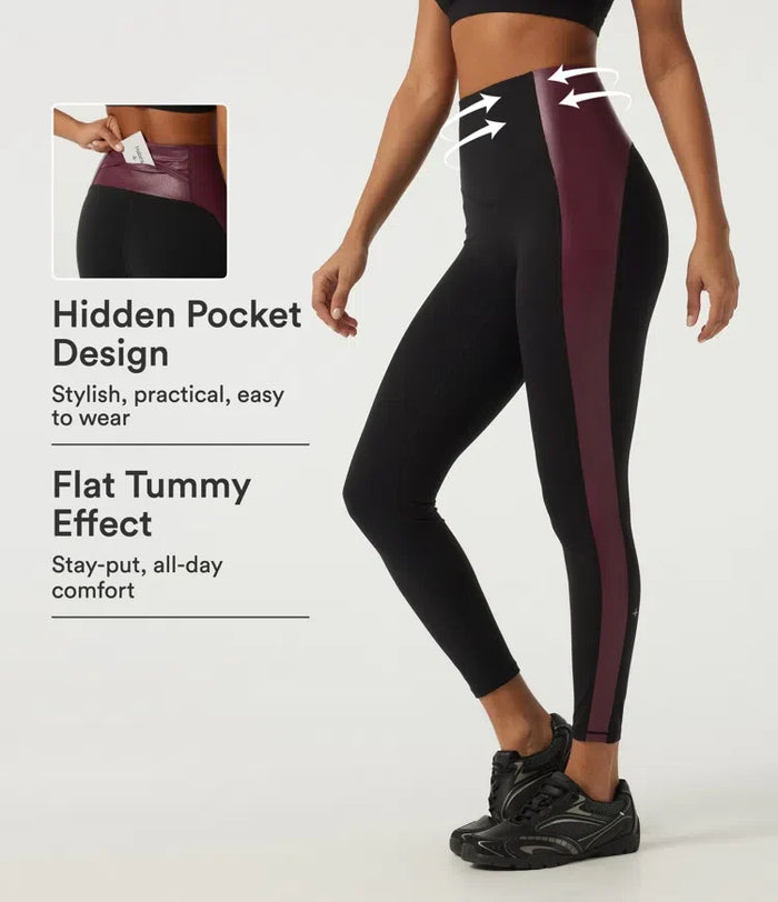 Högmidjad magkontroll färgblock stretchig PU yogaleggings med ficka
