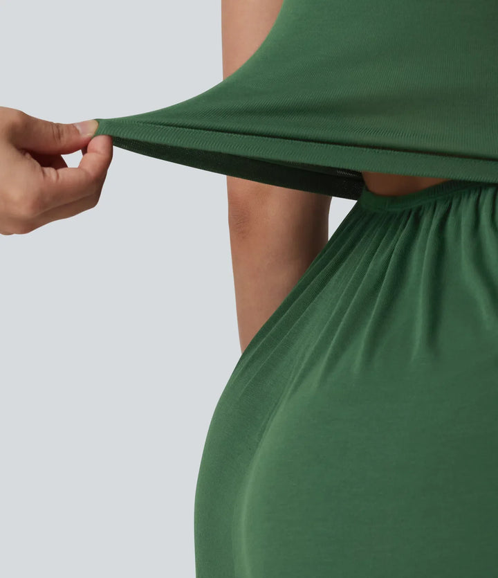 Ribbad V-ringad ärmlös rynkat inbyggd BH vardaglig playsuit med fickor-Easy Peezy