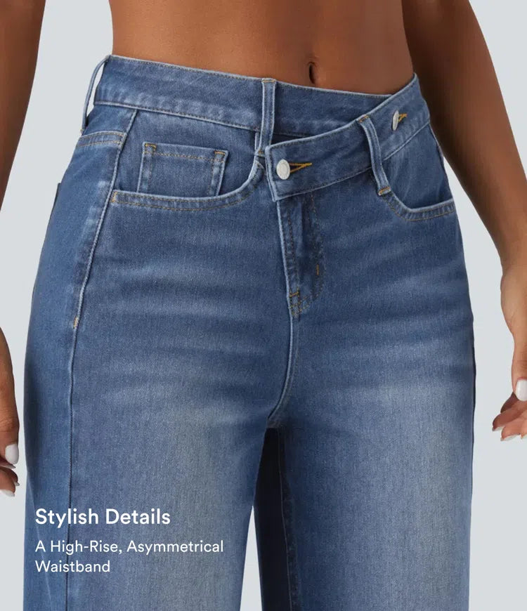 Lyckera Flex asymmetrisk högmidjad tvättad vardaglig baggy jeans med fickor