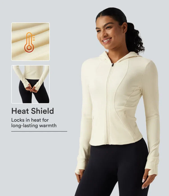 Ståkrage långärmad fleece smal yoga träningsjacka med tumhål och fickor