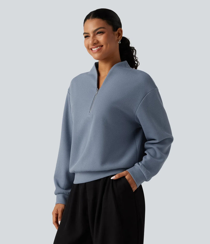 V-ringad långärmad våffelstruktur vardaglig sweatshirt
