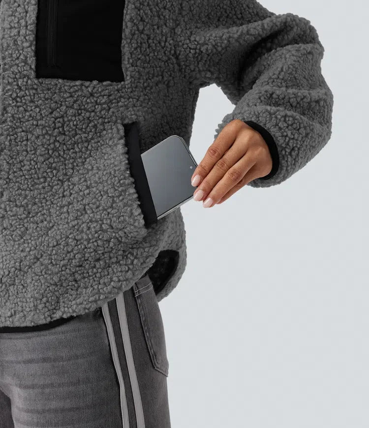 Polokrage långärmad vardaglig sherpajacka med fickor