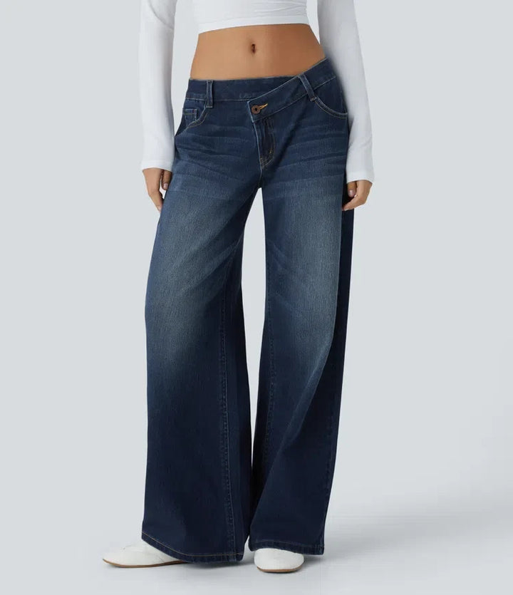 Halara Flex asymmetrisk med låg midja dragkedja fickor baggy vida ben tvättad vardagsjeans