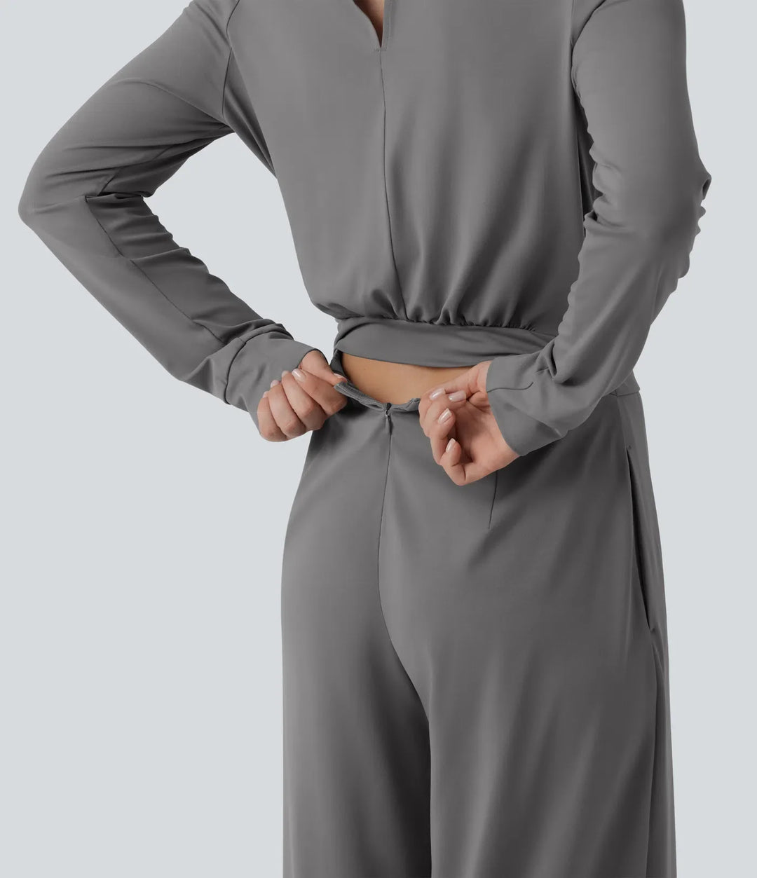 V-ringad långärmad vida ben arbetsjumpsuit med fickor-Easy Peezy Edition
