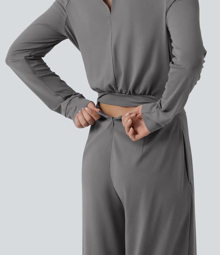 V-ringad långärmad vida ben arbetsjumpsuit med fickor-Easy Peezy Edition