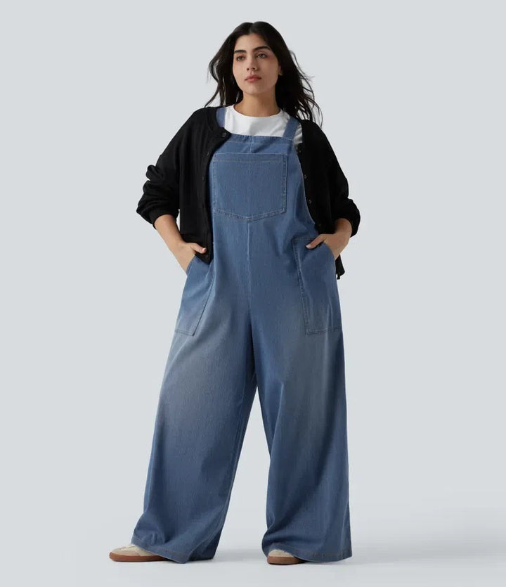 Plusstorlek Halara Flex fyrkantig halsringning tvättad denim hängselbyxor för vardag med fickor
