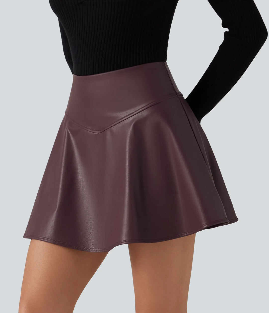 Med hög midja och magkontroll fleece för vardag PU läder mini kjol med inbyggd shorts och fickor