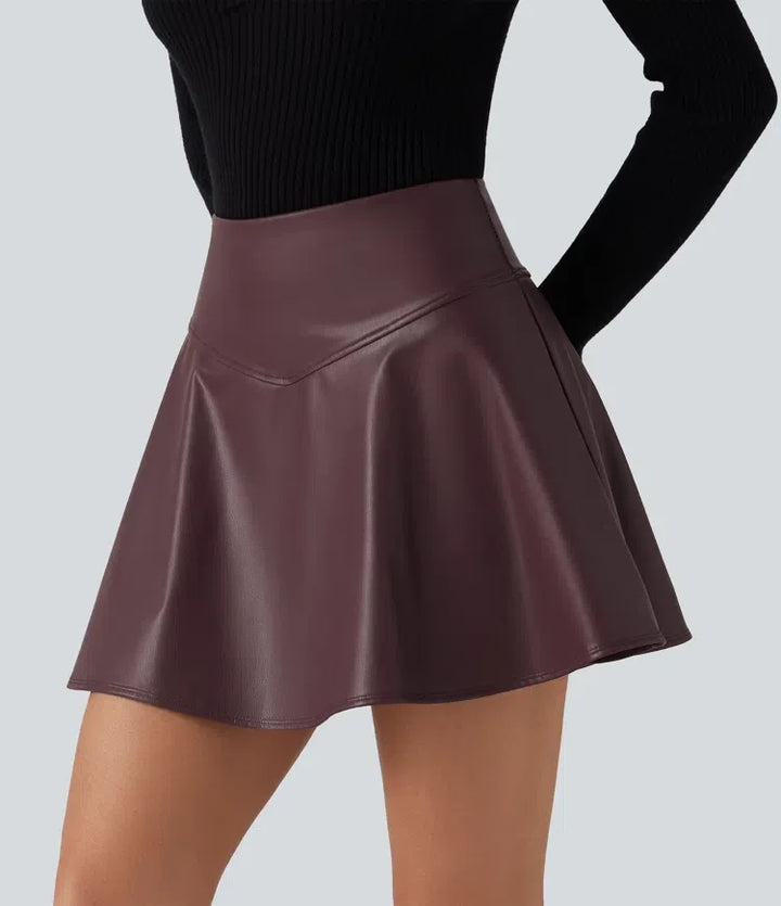 Med hög midja och magkontroll fleece för vardag PU läder mini kjol med inbyggd shorts och fickor