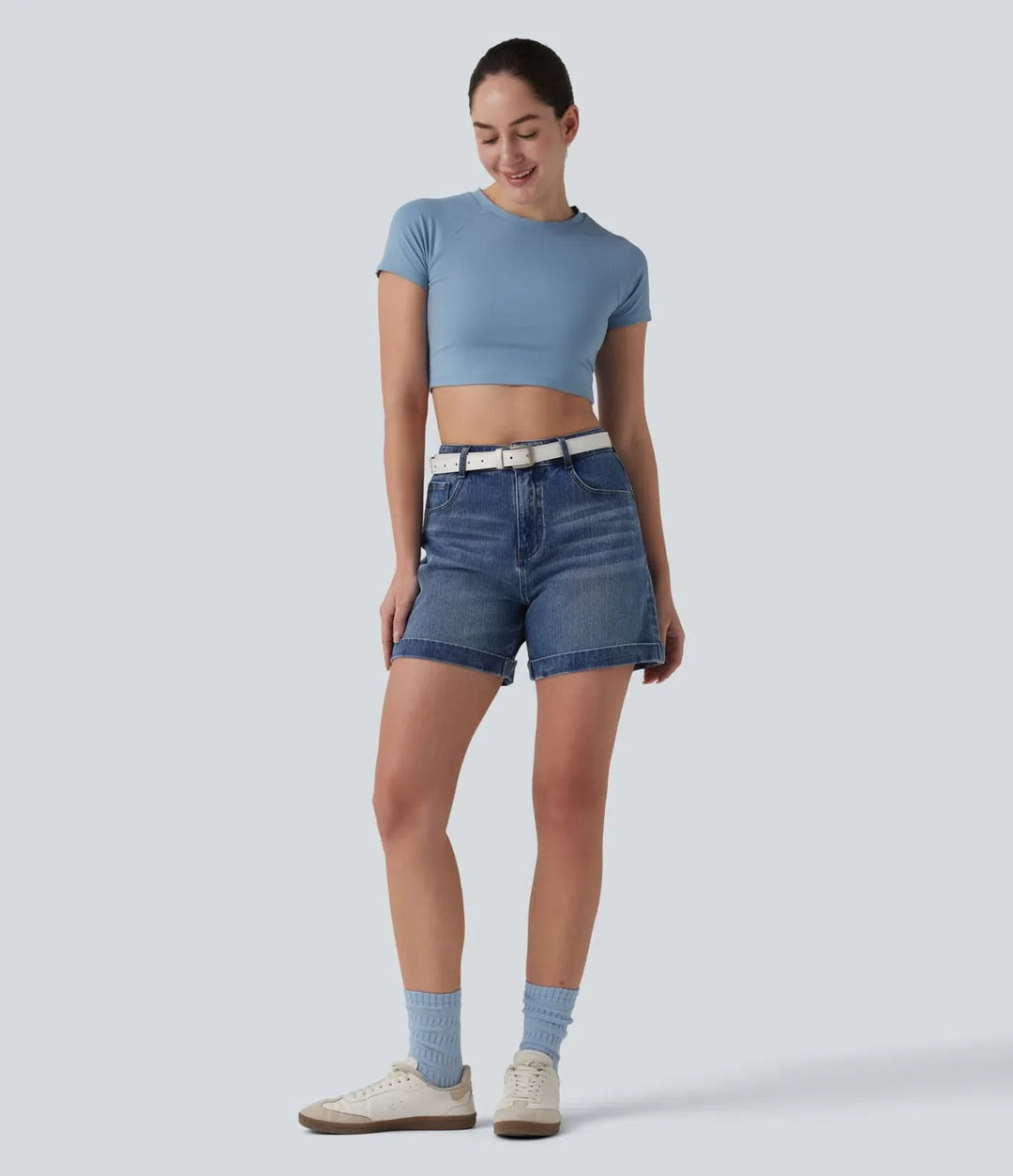 Halara Flex med medelhög midja upprullad fåll denim vardagsshorts 5&