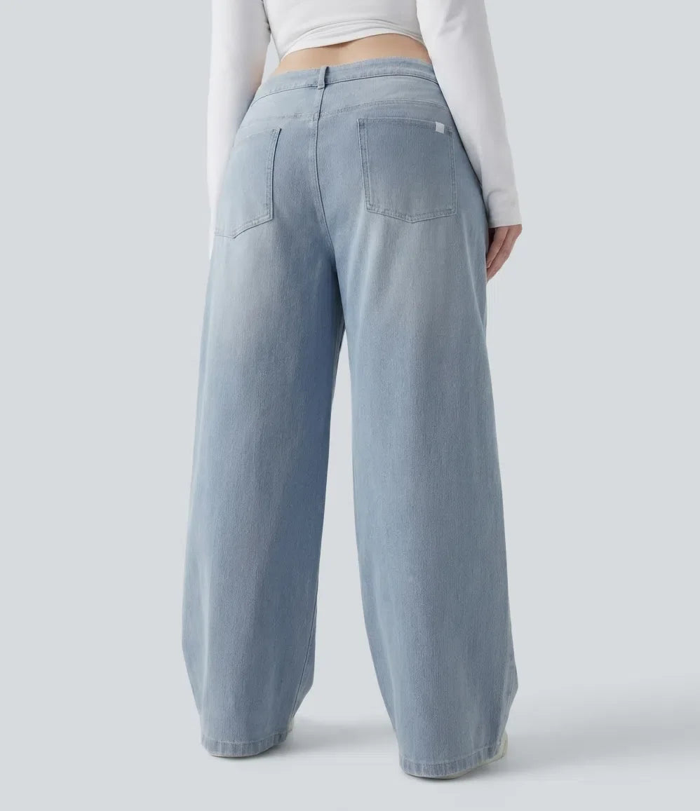 Plusstorlek Halara Flex asymmetrisk med låg midja vida ben tvättad vardagsjeans med fickor