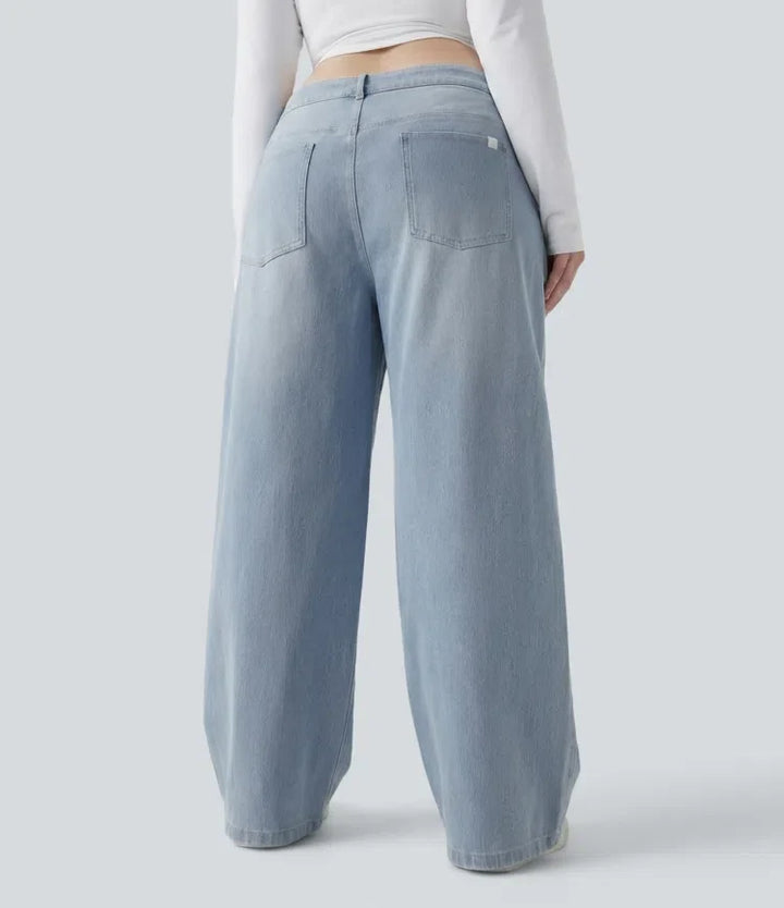 Plusstorlek Halara Flex asymmetrisk med låg midja vida ben tvättad vardagsjeans med fickor
