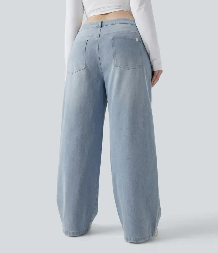 Plusstorlek Lyckera Flex asymmetrisk låg midja vida ben tvättad vardagsjeans med fickor