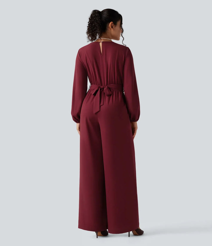 V-ringad lång puffärm bältad vida ben fest jumpsuit med fickor