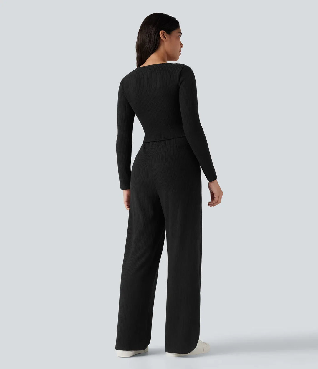 Ribbad henley långärmad vardaglig jumpsuit med fickor-Easy Peezy