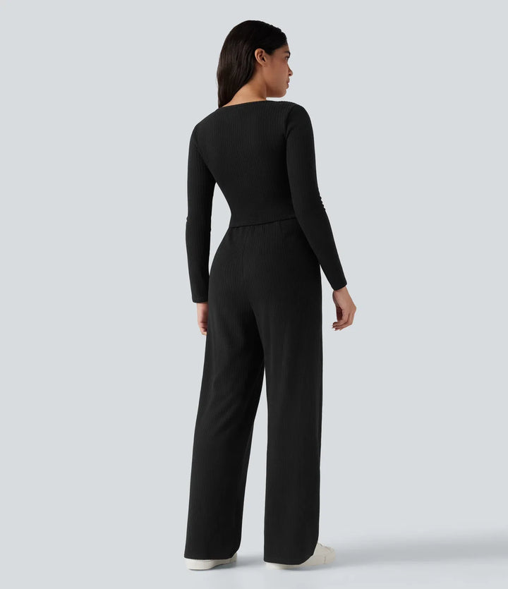 Ribbad henley långärmad vardaglig jumpsuit med fickor-Easy Peezy