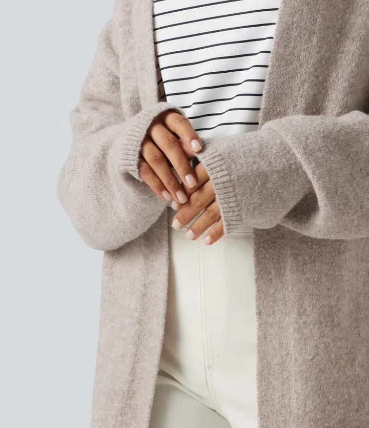 Öppen front nedhasad långärmad lång modell vardaglig cardigan