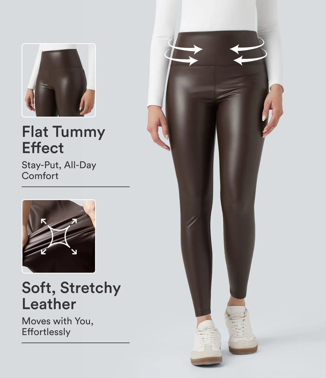 Högmidjad magkontroll stretchig PU fleece 7/8 skinny vardagsleggings med fickor