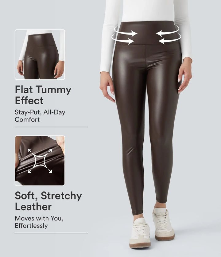Högmidjad magkontroll stretchig PU fleece 7/8 skinny vardagsleggings med fickor