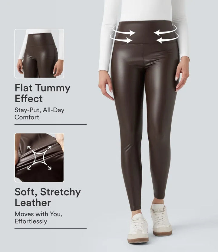 Högmidjad magkontroll stretchig PU fleece 7/8 skinny vardagsleggings med fickor