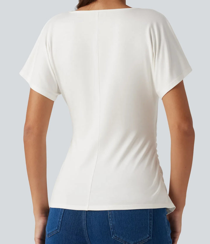 V-ringning kortärmad rynklad smal T-shirt för vardag