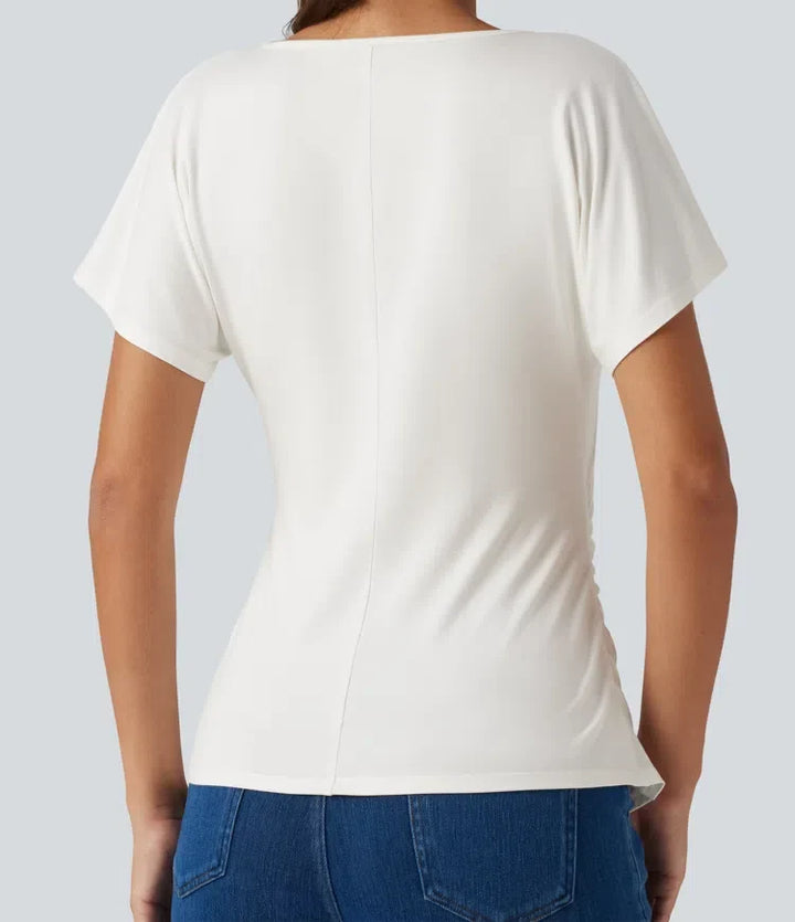 V-ringning kortärmad rynklad smal T-shirt för vardag