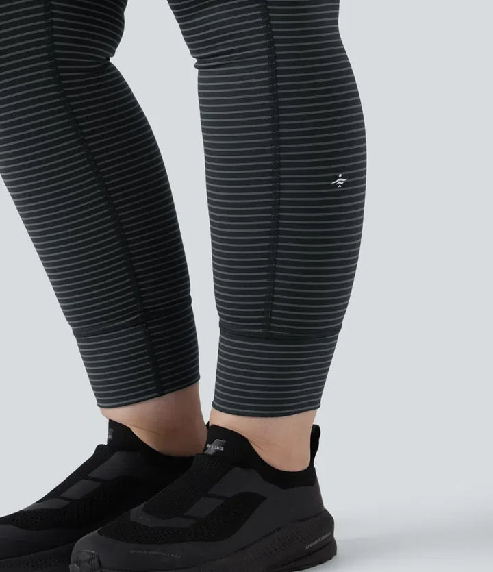 Med hög midja dragsko randig yoga leggings i plusstorlek med fickor