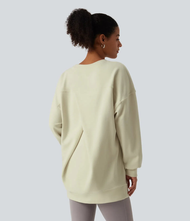 Rund hals långärmad korsad rygg fleece vardaglig sweatshirt med fickor
