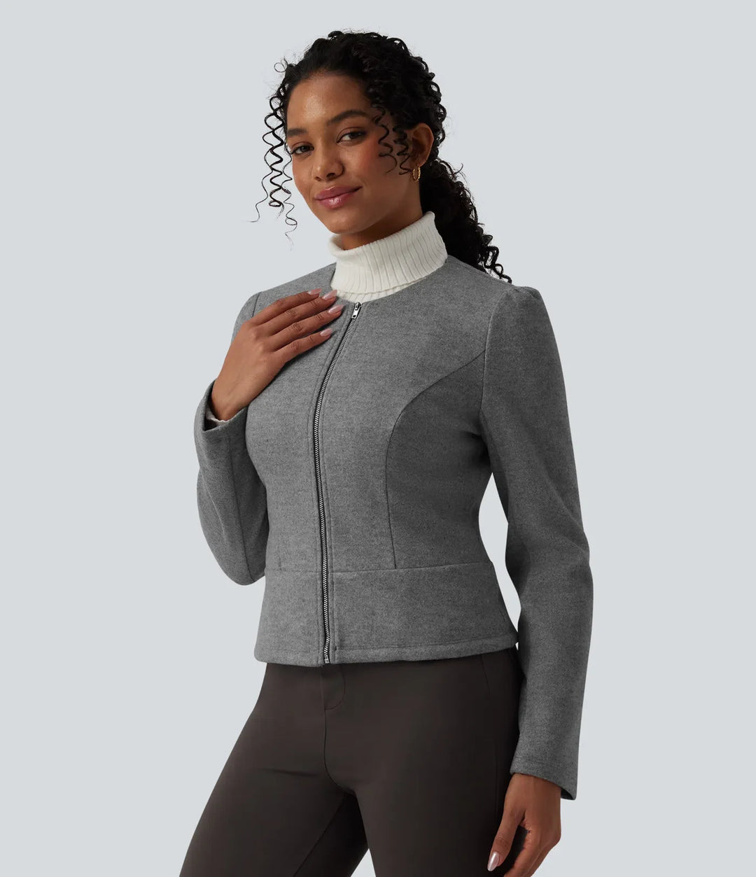 Rund hals långärmad dragkedja fleece arbetsjacka