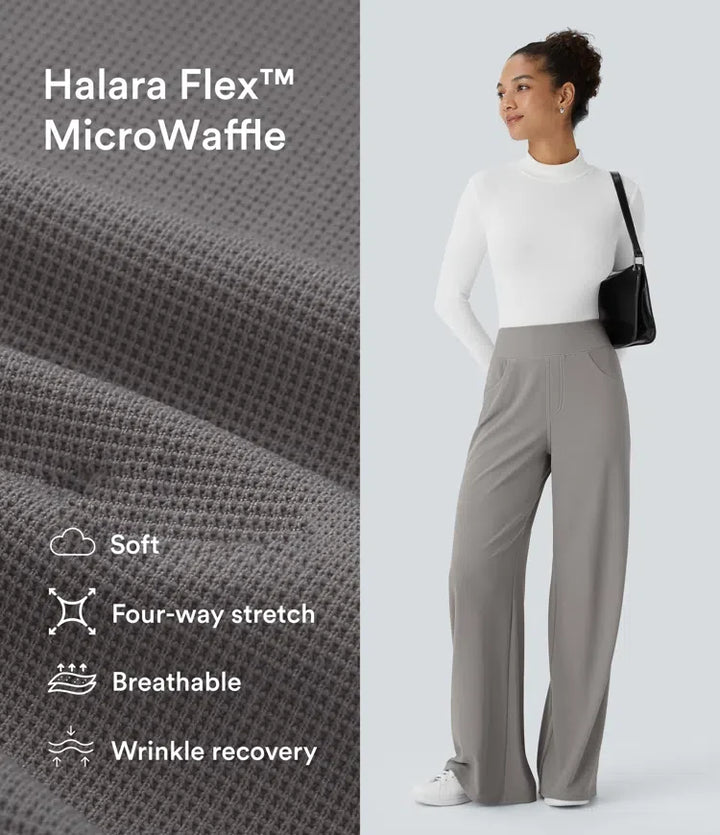 Halara Flex med hög midja, magkontroll och fickor vida ben baggy mikrovåffelstruktur kontorsbyxor