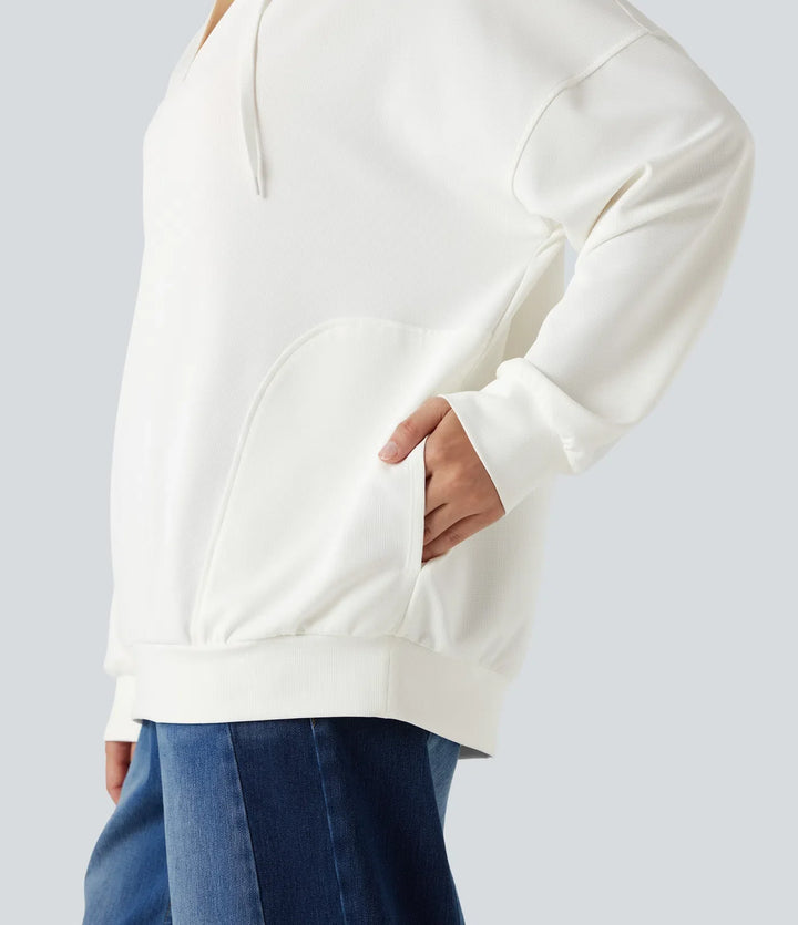 Med huva V-ringad långärmad avslappnad vardaglig sweatshirt med fickor