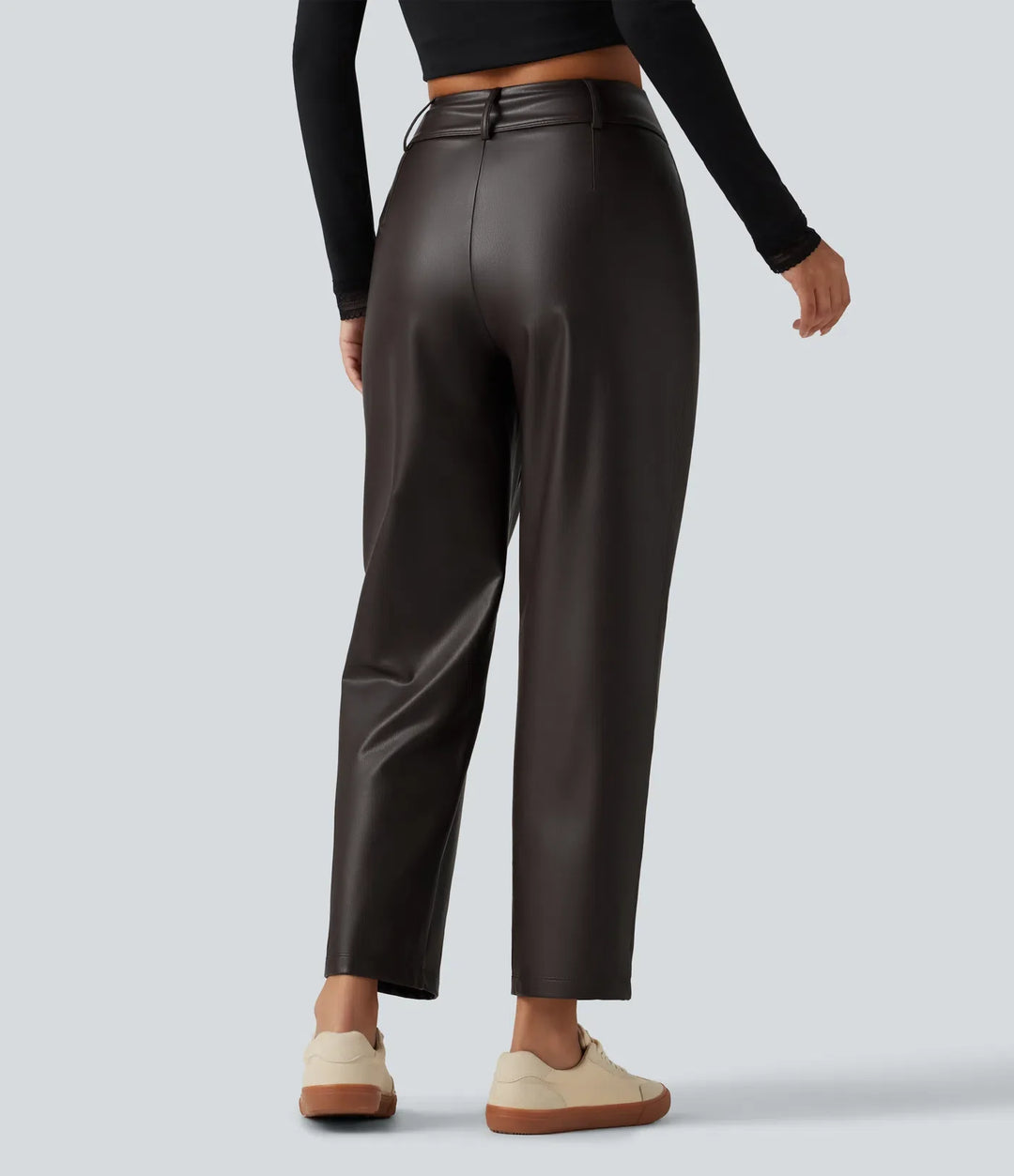 Högmidjad avsmalnande stretchig PU fleece vardagsbyxor med fickor