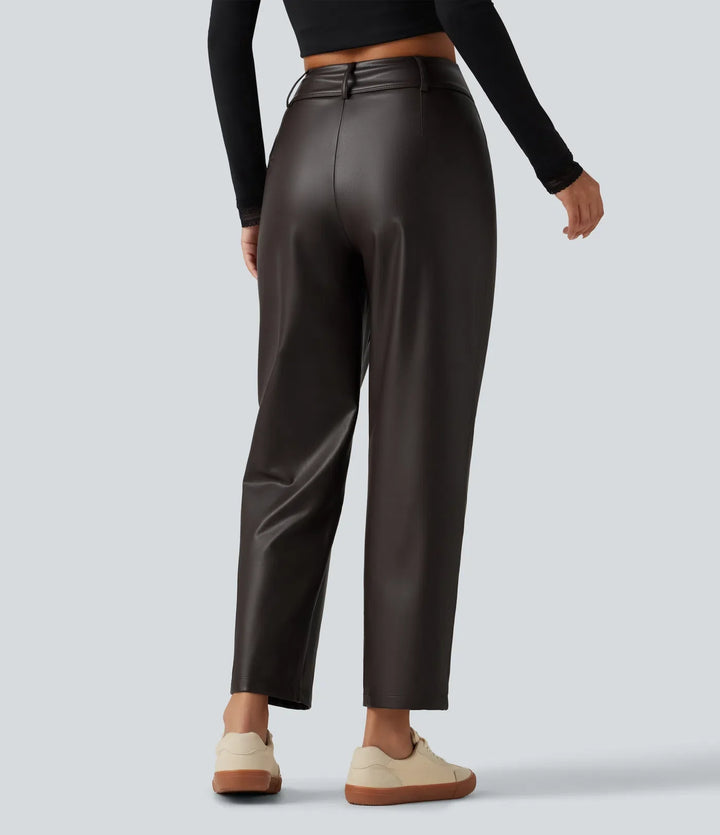 Högmidjad avsmalnande stretchig PU fleece vardagsbyxor med fickor