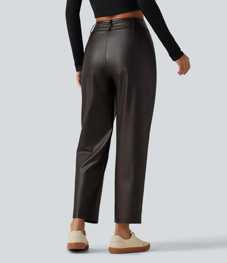 Högmidjad avsmalnande stretchig PU fleece vardagsbyxor med fickor