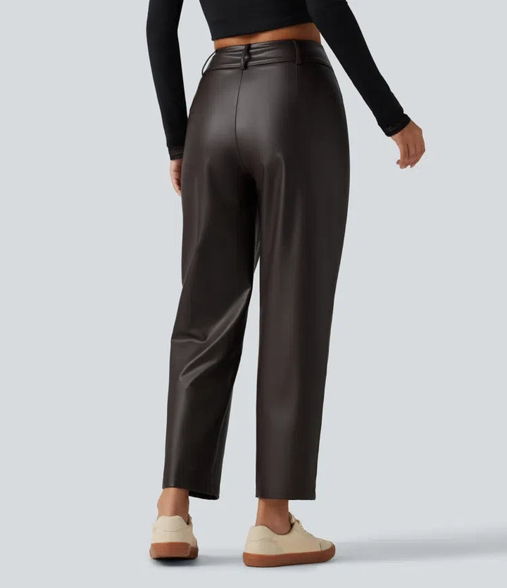 Högmidjad avsmalnande stretchig PU fleece vardagsbyxor med fickor