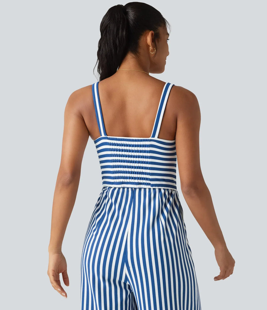 Ärmlös vriden smockad dold dragkedja inbyggd BH ränder våffelstruktur vardaglig jumpsuit med fickor-Easy Peezy