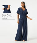 V-ringad kortärmad rynkat vida ben vardaglig jumpsuit med fickor -Easy Peezy Edition