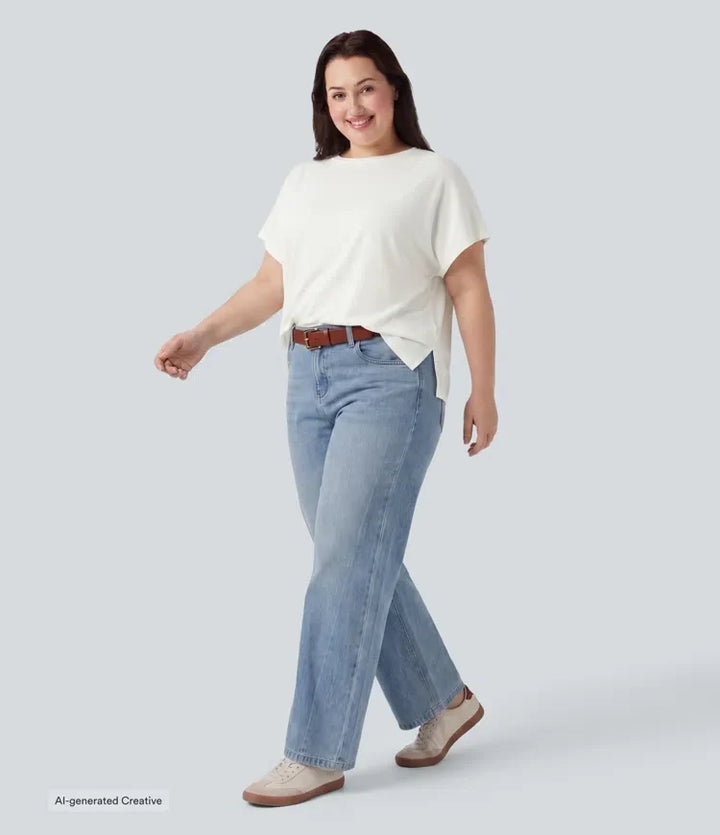 Plusstorlek rund halsringning fladdermus ärm avslappnad T-shirt för vardag