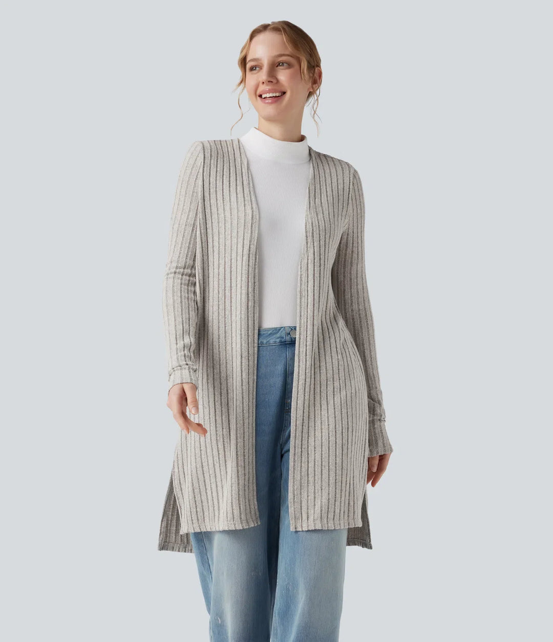 Ribbstickad långärmad slits vardagskofta