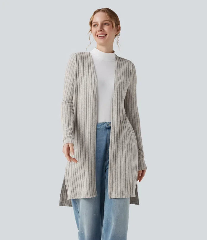 Ribbstickad långärmad slits vardaglig cardigan