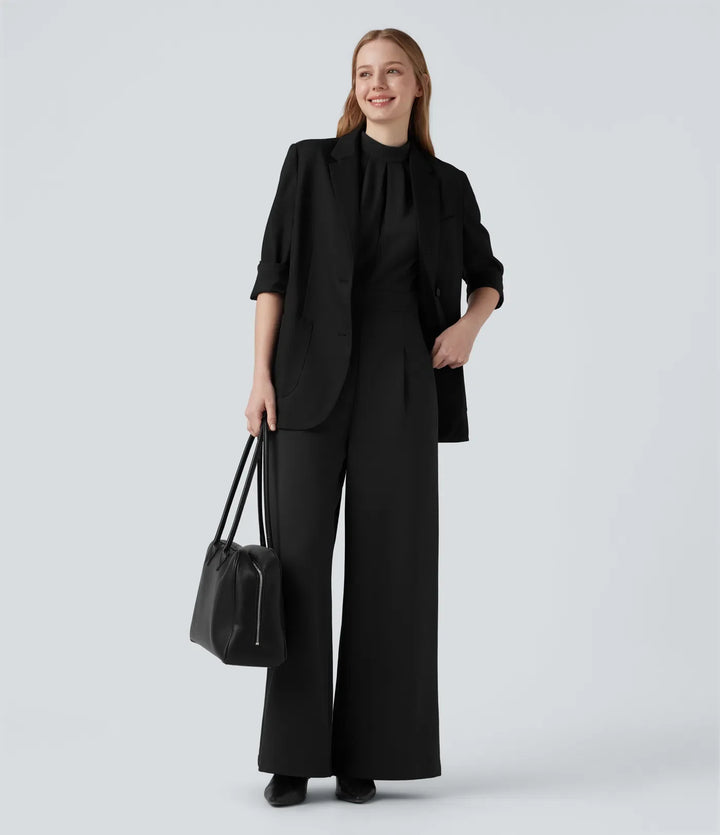 Halvpolo dragkedja ärmlös arbete vida ben jumpsuit med fickor
