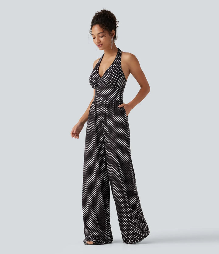Halterneck ärmlös rygglös inbyggd BH prickig mönster resortjumpsuit med fickor-Easy Peezy