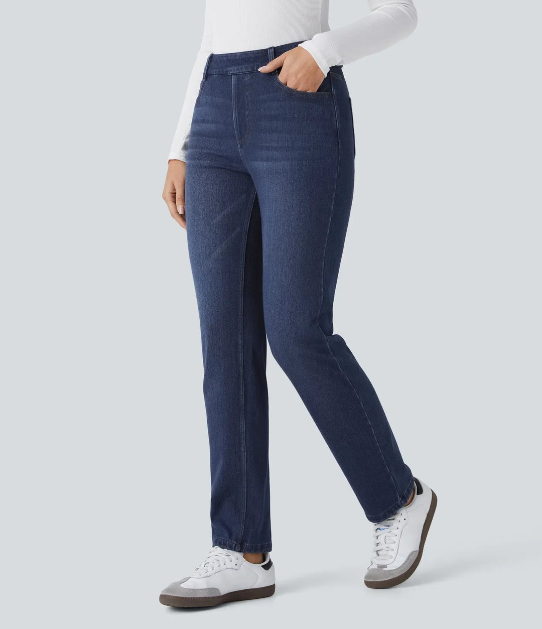 Lyckera Flex denim Heat högmidjad fickor raka ben tvättad vardagsjeans