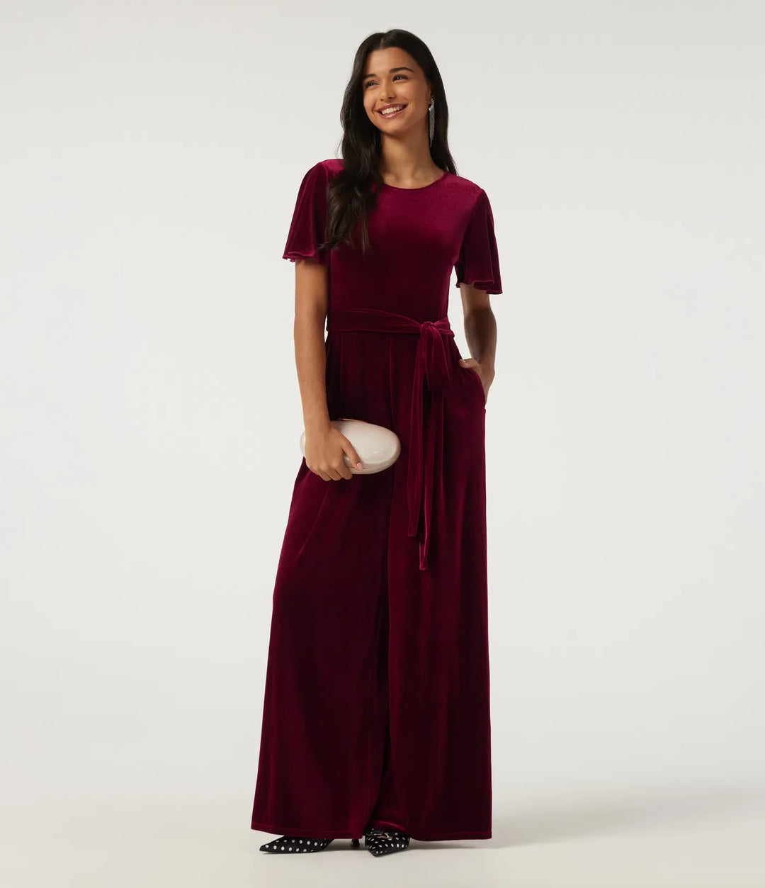 Rund hals volang kortärmad nyckelhålsrygg knytning fram sammet fest jumpsuit med fickor -Easy Peezy Edition