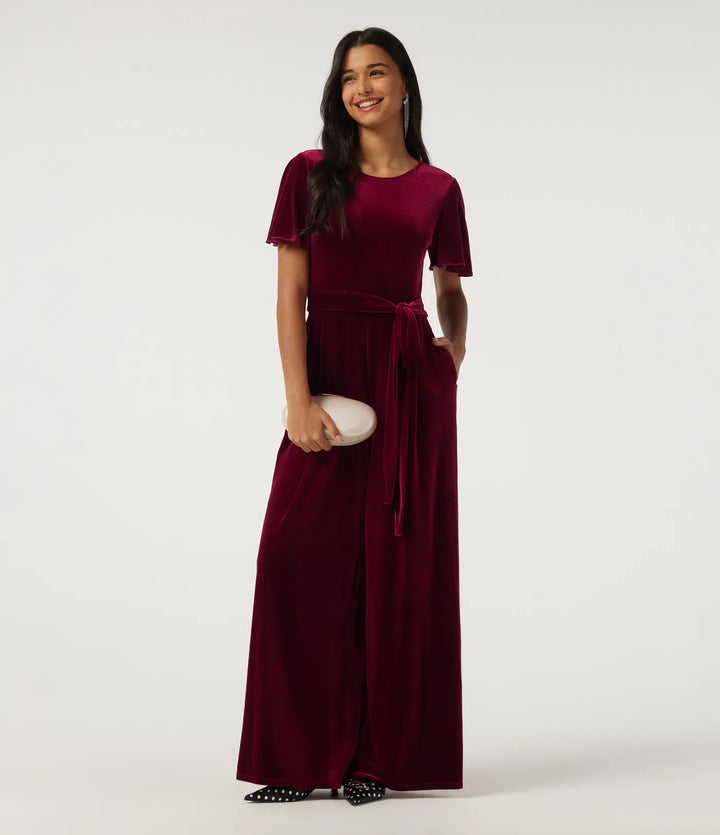 Rund hals volang kortärmad nyckelhålsrygg knytning fram sammet fest jumpsuit med fickor -Easy Peezy Edition