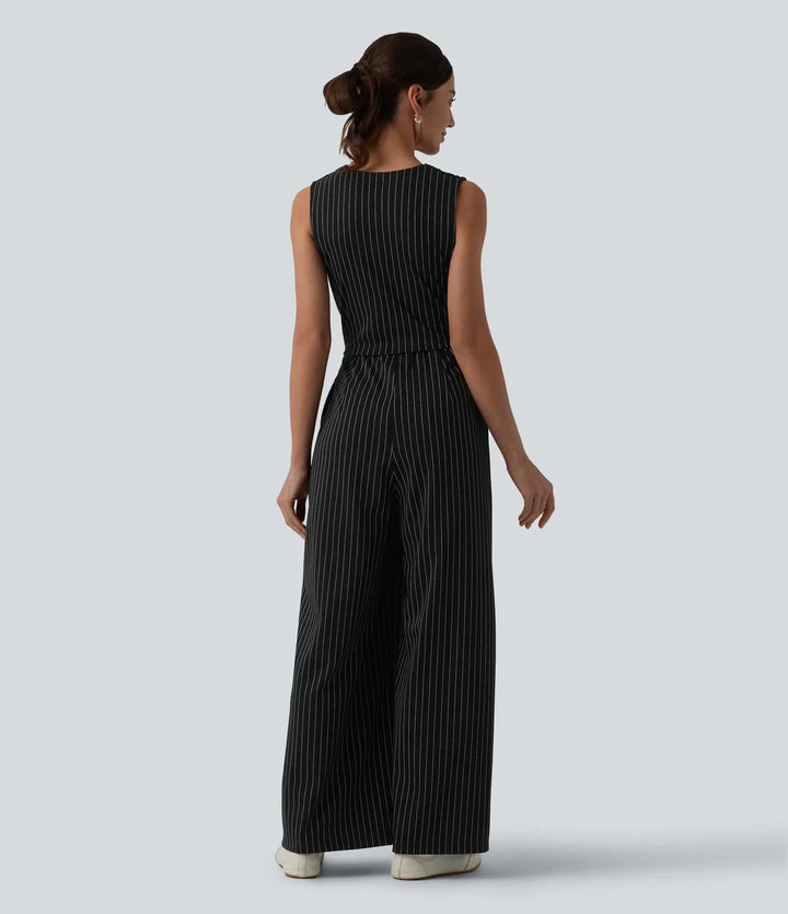V-ringning ärmlös rynklad ränder för arbete jumpsuit med fickor – Easy Peezy