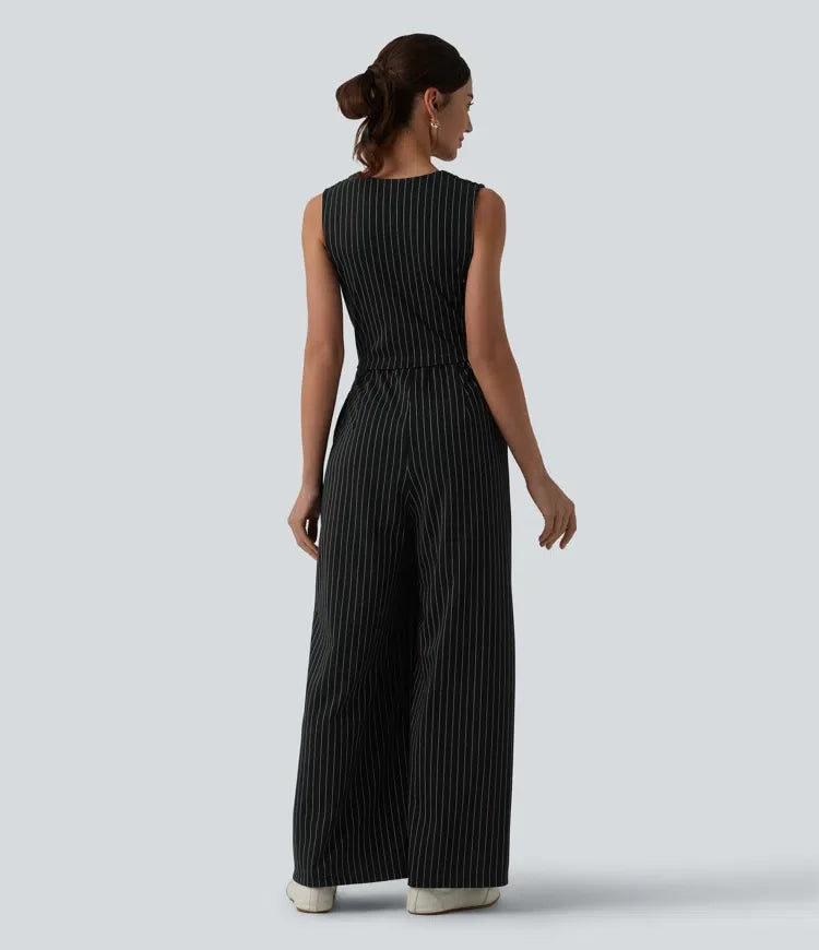 V-ringning ärmlös rynklad ränder för arbete jumpsuit med fickor – Easy Peezy