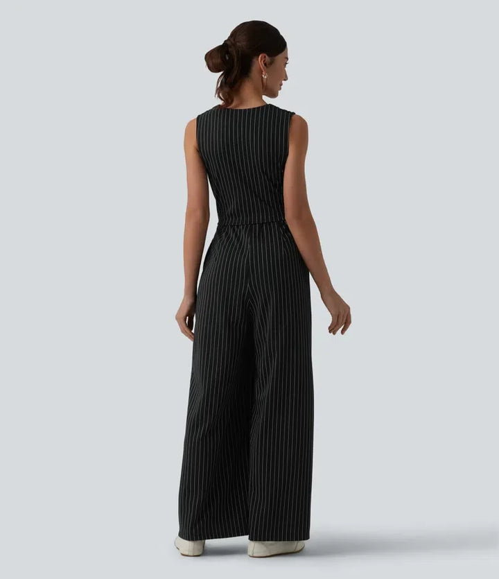 V-ringning ärmlös rynklad ränder för arbete jumpsuit med fickor – Easy Peezy