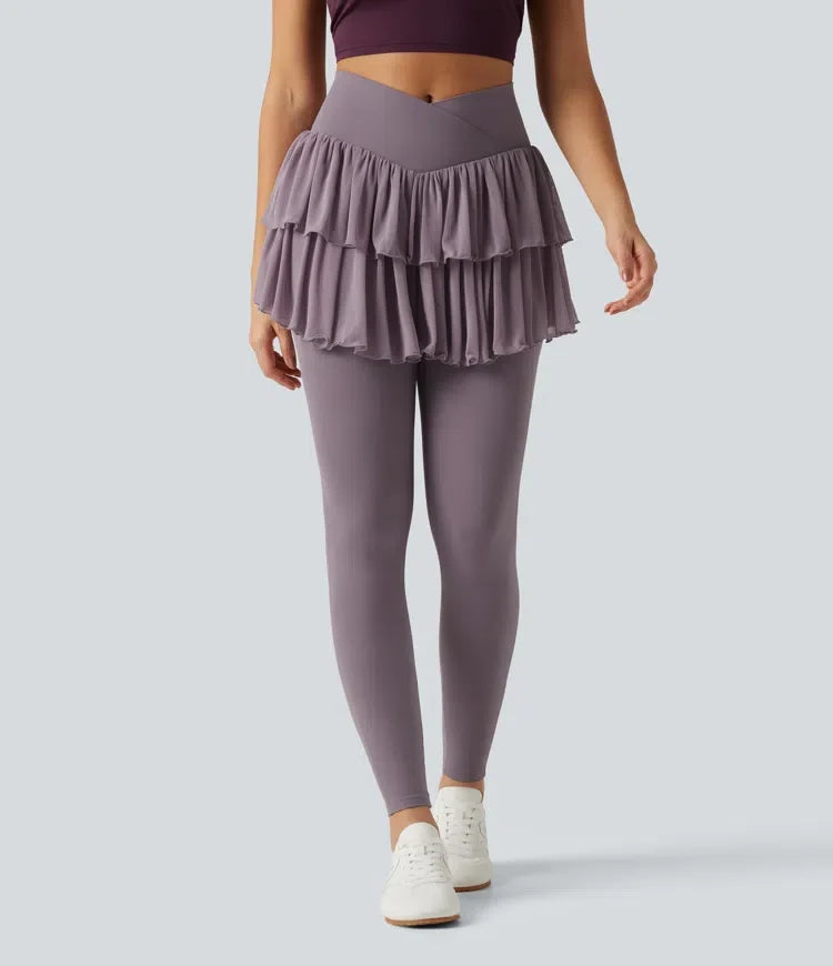Softlyzero med hög midja omlott kontrastmesh träning leggings med kjol med fickor