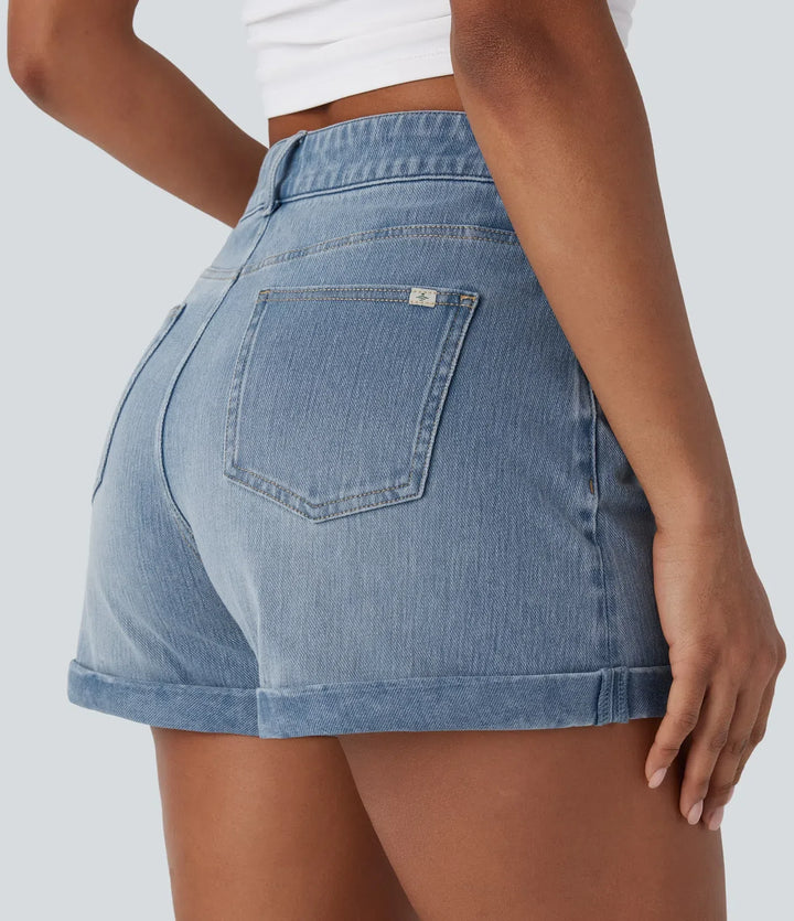 Halara Flex med medelhög midja dragkedja fickor denim vardagsshorts 3&