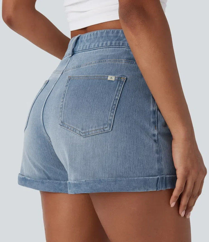 Halara Flex med medelhög midja dragkedja fickor denim vardagsshorts 3&